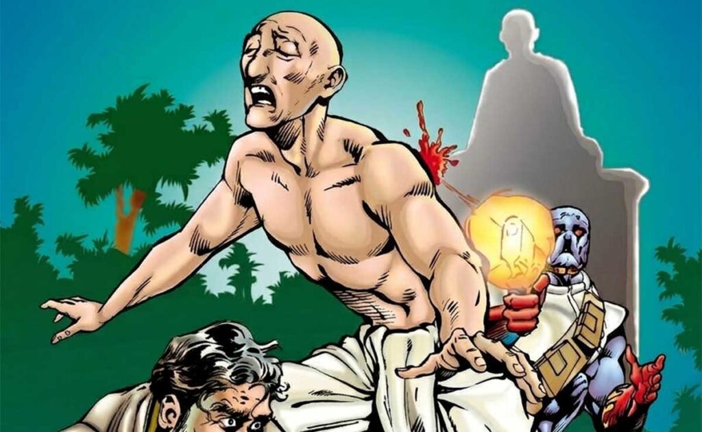 Cover of Raj Comics’ Hey Ram showing Doga, Dada and Haribapu near Gandhiji’s statue