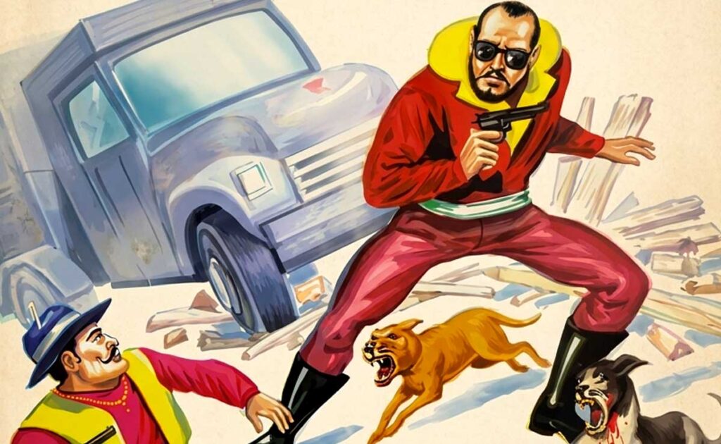 Dwarf Detective and Killer Dogs: Who Rules the Forest? Radha Comics’ Dwarf Detective and Killer Dogs cover featuring the detective on roller-skates, armed bandits, and attacking hounds.